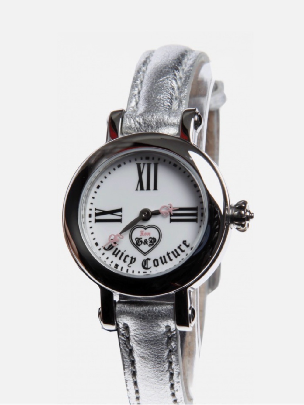 Juicy Couture Silver Metallic Strap Round Dial Watch with Pink Accents